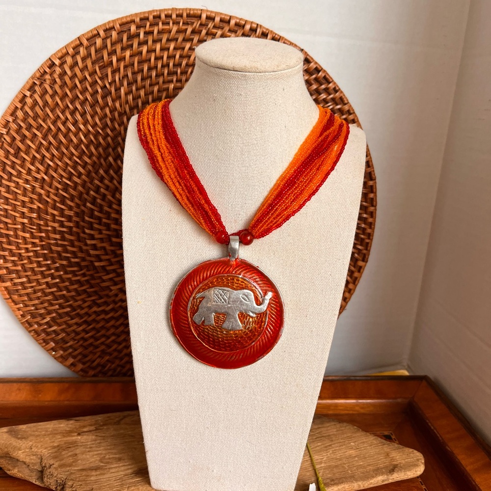 VTG Sterling Elephant Pendant Necklace Red Orange Glass Seed Beads 24”